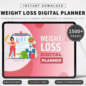 Op de afbeelding: Een digitale planner voor gewichtsverlies met een roze en rode achtergrond. De planner bevat een cartoonillustratie van een vrouw die oefent en een weegschaal. De tekst "WEIGHT LOSS DIGITAL PLANNER" wordt weergegeven in grote, vetgedrukte letters. De tekst "1500+ PAGES" wordt weergegeven in een cirkel in de rechterbovenhoek van de afbeelding.