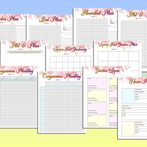 Puede incluir: Hojas de planificaci&oacute;n de jard&iacute;n imprimibles con dise&ntilde;os florales. Incluye p&aacute;ginas para parterres de flores, parcelas, jardiner&iacute;a de pies cuadrados, plantaci&oacute;n complementaria, letreros de jard&iacute;n y plantas de interior.