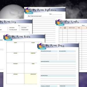 Puede incluir: Un conjunto de p&aacute;ginas de diario de sue&ntilde;os imprimibles con un dise&ntilde;o de luna y estrellas caprichoso. Las p&aacute;ginas incluyen secciones para la reflexi&oacute;n sobre los sue&ntilde;os, el registro de sue&ntilde;os, las notas de sue&ntilde;os y un rastreador del sue&ntilde;o.