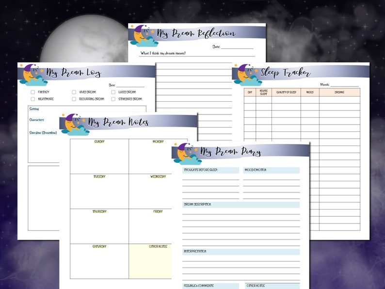 Puede incluir: Un conjunto de p&aacute;ginas de diario de sue&ntilde;os imprimibles con un dise&ntilde;o de luna y estrellas caprichoso. Las p&aacute;ginas incluyen secciones para la reflexi&oacute;n sobre los sue&ntilde;os, el registro de sue&ntilde;os, las notas de sue&ntilde;os y un rastreador del sue&ntilde;o.
