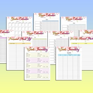 Puede incluir: Planificador de jard&iacute;n imprimible con dise&ntilde;os florales. Incluye p&aacute;ginas para calendarios de verduras, listas de plantas, inventario de semillas y perfiles de plantas.
