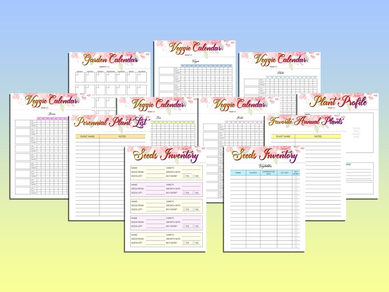 Puede incluir: Planificador de jard&iacute;n imprimible con dise&ntilde;os florales. Incluye p&aacute;ginas para calendarios de verduras, listas de plantas, inventario de semillas y perfiles de plantas.