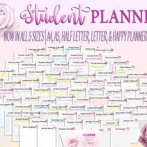 May include: A collection of 90 printable student planner pages in five sizes: A4, A5, half letter, letter, and Happy Planner Classic. The pages feature a variety of layouts for tracking assignments, goals, schedules, and more. The pages are decorated with a pink floral design.