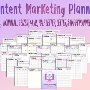 May include: A set of 31 printable pages for a content marketing planner. The pages are designed in a pastel colour scheme with a rainbow gradient. The pages include sections for to-do lists, monthly trackers, brainstorming, profit reports, and more.