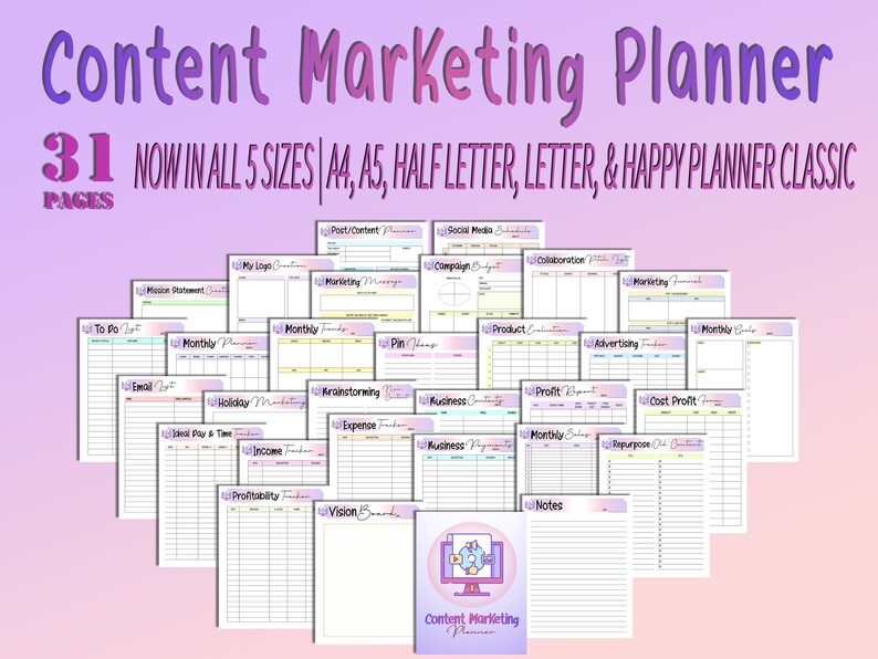 May include: A set of 31 printable pages for a content marketing planner. The pages are designed in a pastel colour scheme with a rainbow gradient. The pages include sections for to-do lists, monthly trackers, brainstorming, profit reports, and more.