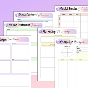 May include: A set of printable worksheets for social media marketing. The worksheets include sections for creating a mission statement, planning content, developing a marketing message, and creating a campaign budget.