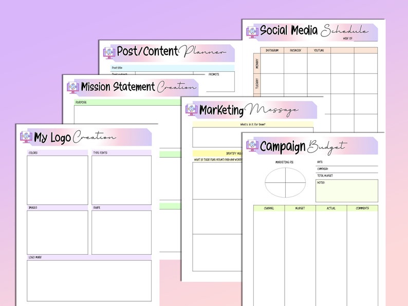 May include: A set of printable worksheets for social media marketing. The worksheets include sections for creating a mission statement, planning content, developing a marketing message, and creating a campaign budget.