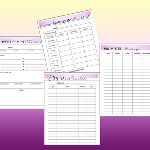 May include: Three printable worksheets for Etsy sellers. The first worksheet is titled "Advertisement Tracker" and has columns for daily budget, spend, sales, listings, results from ads, run time of ad, total profits, and date of next ad. The second worksheet is titled "Etsy Sales Tracker" and has columns for date, week of, item, profit, and fees. The third worksheet is titled "Promoted Listings" and has columns for date, listing, views, favorites, and # of orders.