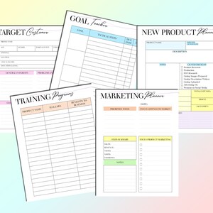 Puede incluir: Un conjunto de hojas de c&aacute;lculo imprimibles para planificar y hacer un seguimiento de los objetivos comerciales, los lanzamientos de nuevos productos, los programas de capacitaci&oacute;n y las estrategias de marketing. Las hojas de c&aacute;lculo est&aacute;n organizadas en un formato de tabla con encabezados para cada secci&oacute;n.
