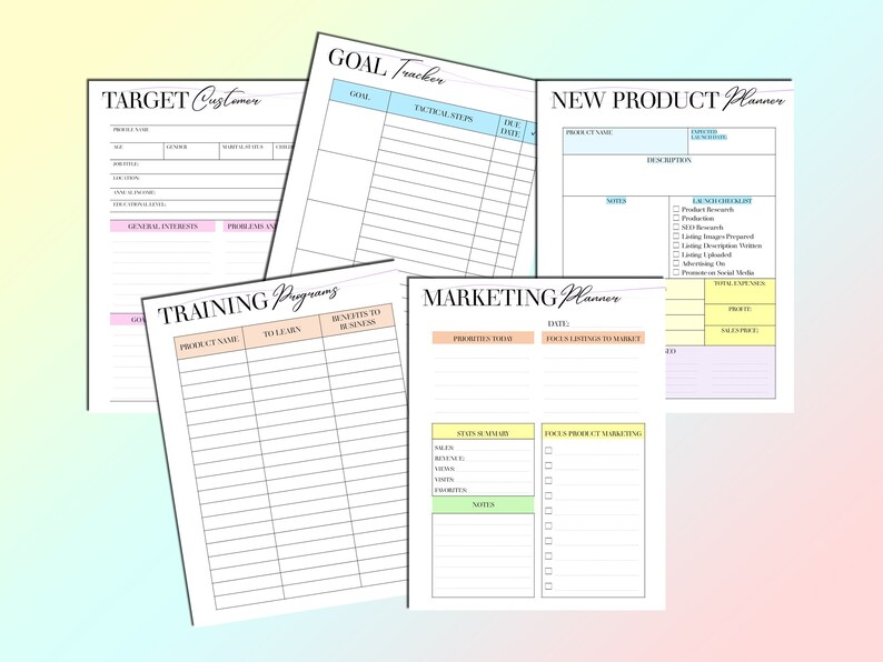 Puede incluir: Un conjunto de hojas de c&aacute;lculo imprimibles para planificar y hacer un seguimiento de los objetivos comerciales, los lanzamientos de nuevos productos, los programas de capacitaci&oacute;n y las estrategias de marketing. Las hojas de c&aacute;lculo est&aacute;n organizadas en un formato de tabla con encabezados para cada secci&oacute;n.