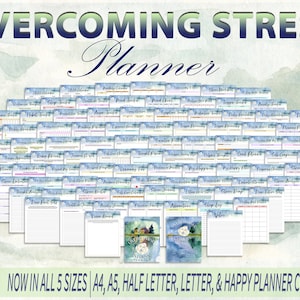 May include: A digital planner with 97 pages designed to help overcome stress. The planner includes a variety of worksheets and trackers to help manage anxiety, improve sleep, and promote self-care. The planner is available in five sizes: A4, A5, Half Letter, Letter, and Happy Planner Classic.