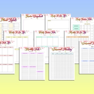 Puede incluir: P&aacute;ginas de planificador de jard&iacute;n imprimibles con dise&ntilde;os florales. Incluye p&aacute;ginas para etiquetas de plantas, listas de tareas diarias, tareas de jard&iacute;n semanales, tareas mensuales, siembra estacional y tareas estacionales.