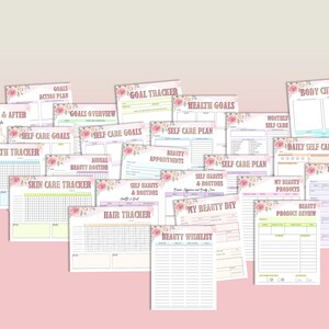 May include: A set of printable self-care and beauty planner pages with floral designs. The pages include sections for goal tracking, health tracking, skin care, beauty routines, appointments, and product reviews.