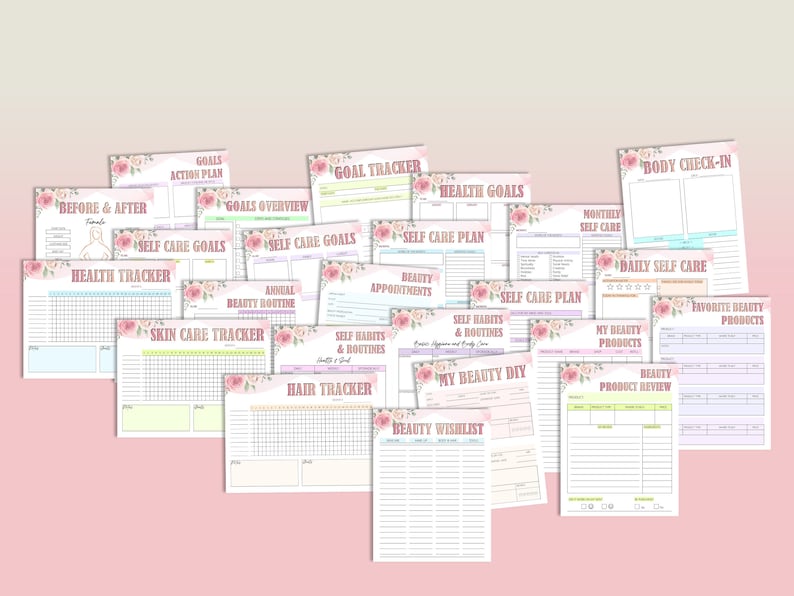 May include: A set of printable self-care and beauty planner pages with floral designs. The pages include sections for goal tracking, health tracking, skin care, beauty routines, appointments, and product reviews.
