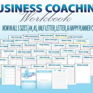 Könnte beinhalten: Ein blaues und weißes Business-Coaching-Workbook mit 36 Seiten. Das Workbook ist in fünf Größen erhältlich: A4, A5, Half Letter, Letter und Happy Planner Classic. Das Workbook enthält Seiten für Kundenaufnahmeformulare, Coaching-Programmziele, Coaching-Sitzungsprotokolle, Coaching-Feedbackformulare, Prioritätsmatrix, monatliche Planung, täglicher Businessplan, Arbeitsplan, Habit-Tracker, Marketingplan, Werbeplaner, Ausgaben-Tracker, Geschäftszahlungen, Investitionsplaner, Kampagnenbudget, Gewinnberichtplaner, Geschäftskontakte, Namensgebung Ihres Unternehmens, Zukunftsvision, Schulden-Tracker, Projekt-Aufgabenliste, Zeit-Tracker, Kundenarbeitslogbuch, Arbeitsplaner, SWOT-Analyse, Wettbewerbsanalyse, Arbeitsblatt, Ressourcen & Tools, Leistungsüberprüfung, Testimonial-Formular, Notizen und Pomodoro-Aufgaben-Tracker.