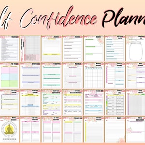 May include: A digital planner titled "Self Confidence Planner" with various pages for self-reflection and goal setting. The pages include sections for challenges, journaling, and tracking habits. The design features floral accents and a soft color palette.