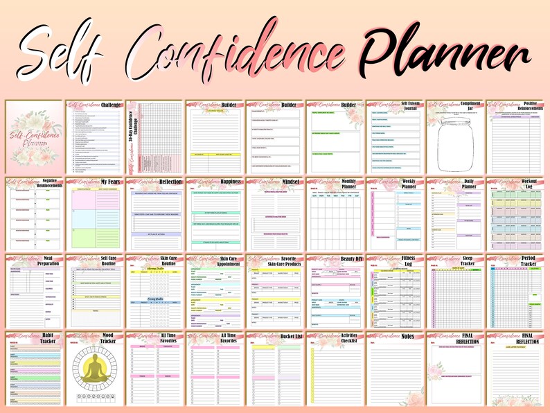 May include: A digital planner titled "Self Confidence Planner" with various pages for self-reflection and goal setting. The pages include sections for challenges, journaling, and tracking habits. The design features floral accents and a soft color palette.