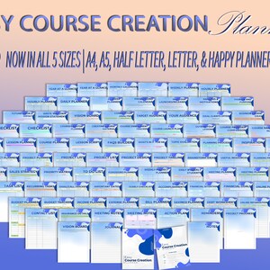 May include: A collection of 90 printable planner pages for course creation. The pages are organized in a grid pattern and feature various titles such as "Project Goals", "Sales Strategy", "Task List", "Budget Planner", "Meeting Notes", "Vision Board", and "Journal". The pages are designed in a light blue and white color scheme with a subtle watercolor effect.