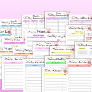 Op de afbeelding: Een set printbare checklists en budgetwerkbladen voor het plannen van een bruiloft. De pagina's hebben een bloemenontwerp met roze, gele en blauwe accenten. De tekst op de pagina's omvat "Wedding Guest List", "Wedding Budget", "Wedding Checklist" en "Wedding Appointments".