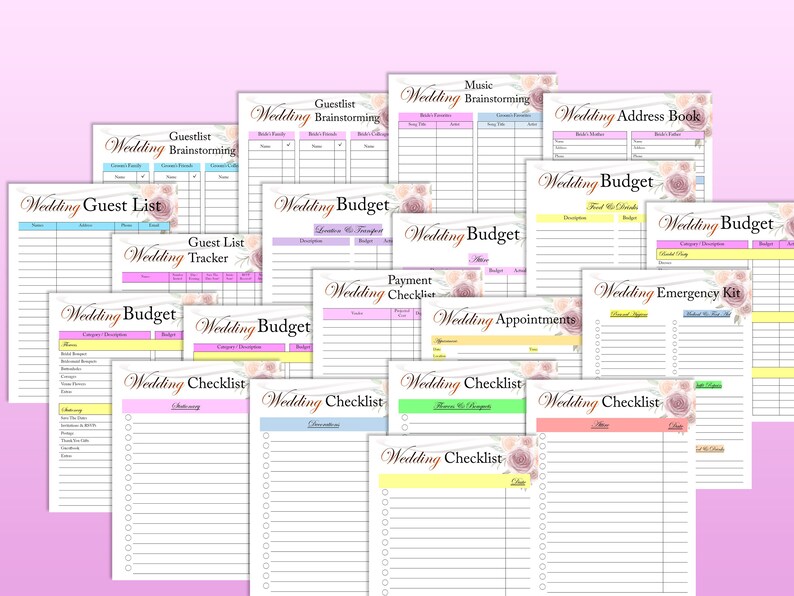 Op de afbeelding: Een set printbare checklists en budgetwerkbladen voor het plannen van een bruiloft. De pagina's hebben een bloemenontwerp met roze, gele en blauwe accenten. De tekst op de pagina's omvat "Wedding Guest List", "Wedding Budget", "Wedding Checklist" en "Wedding Appointments".