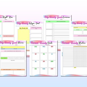 May include: A set of printable beauty goal planner pages with colorful gradients and text. The pages include sections for "My Situation Right Now", "My Beauty Major Goal", "My Beauty Goals Overview", "My Beauty Goals Action Plan", "My Beauty Goals Review", "Annual Beauty Goals", and "Annual Beauty Routine".