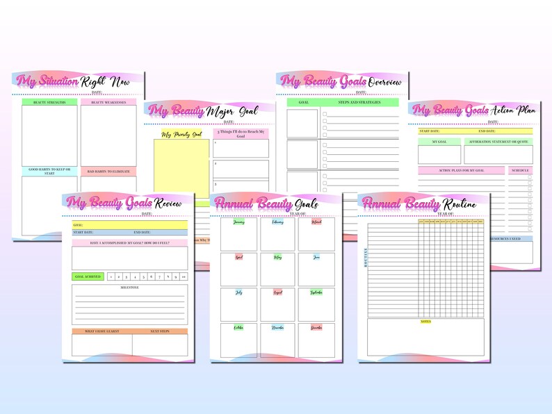 May include: A set of printable beauty goal planner pages with colorful gradients and text. The pages include sections for "My Situation Right Now", "My Beauty Major Goal", "My Beauty Goals Overview", "My Beauty Goals Action Plan", "My Beauty Goals Review", "Annual Beauty Goals", and "Annual Beauty Routine".