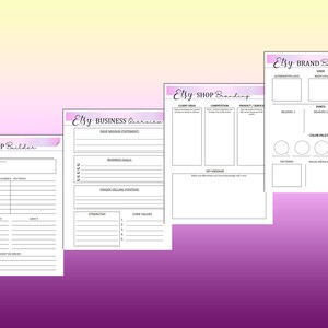 May include: A printable Etsy shop branding and business planning worksheet with sections for shop name, categories, strengths, core values, client ideal, competition, product/service, key message, logo, color palette, patterns, social media icons, and textures.