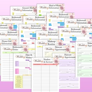 Op de afbeelding: Een set printbare checklists en formulieren voor het plannen van een bruiloft met bloemmotieven. De checklists bevatten informatie voor de bruidsmeisjes, de moeder van de bruidegom, het bloemenmeisje en de leveranciers. De formulieren bevatten informatie voor make-up, huidverzorging, haarverzorging en taken.