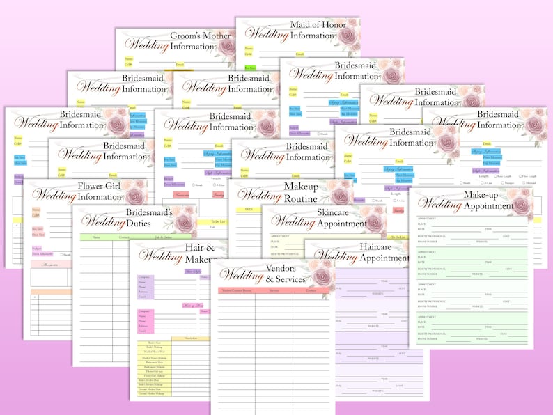 Op de afbeelding: Een set printbare checklists en formulieren voor het plannen van een bruiloft met bloemmotieven. De checklists bevatten informatie voor de bruidsmeisjes, de moeder van de bruidegom, het bloemenmeisje en de leveranciers. De formulieren bevatten informatie voor make-up, huidverzorging, haarverzorging en taken.