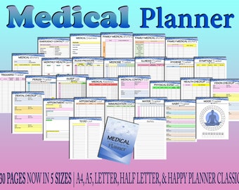 Medical Planner Health Tracker Printable Blood Pressure Sleep Habit Tracker Digital Download Classic Happy PDF Inserts A4 A5 Letter Half