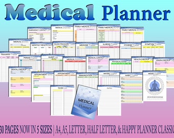 May include: A collection of 30 printable medical planner pages in five sizes: A4, A5, Letter, Half Letter, and Happy Planner Classic. The pages are color-coded and include trackers for medication, appointments, sleep, mood, water intake, and more.