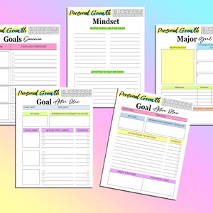 May include: A set of printable personal growth goal setting worksheets with a pink, yellow, and blue color scheme. The worksheets include sections for goal setting, action planning, and mindset.