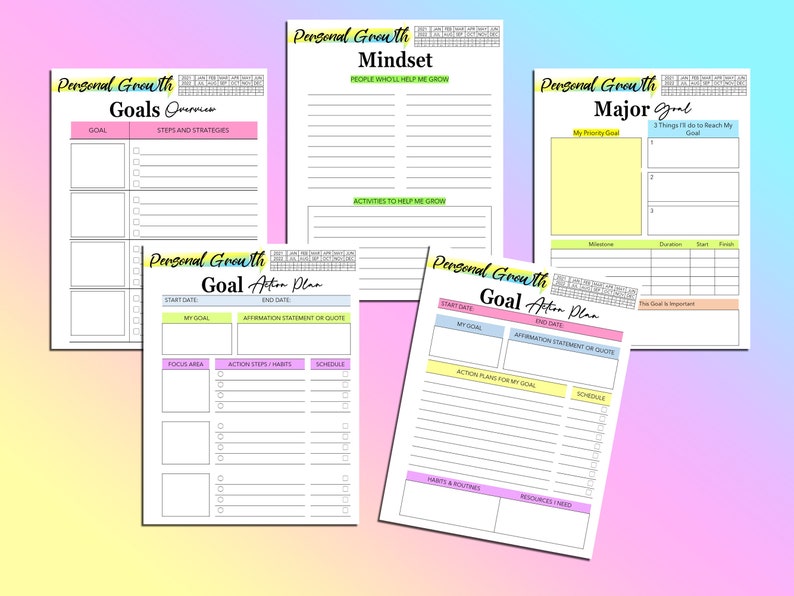 May include: A set of printable personal growth goal setting worksheets with a pink, yellow, and blue color scheme. The worksheets include sections for goal setting, action planning, and mindset.