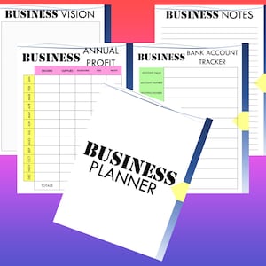 Puede incluir: Un planificador de negocios con una cubierta azul y blanca. El planificador incluye secciones para la visi&oacute;n empresarial, las ganancias anuales, el seguimiento de la cuenta bancaria y las notas comerciales.