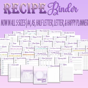 May include: A set of 46 printable recipe binder pages in five sizes: A4, A5, half letter, letter, and Happy Planner Classic. The pages are designed for organizing recipes, meal planning, and tracking food inventory. The pages feature a variety of layouts and designs, including sections for ingredients, instructions, notes, and meal planning.