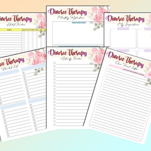 May include: A set of printable worksheets with floral designs and the text "Divorce Therapy" on each page. The worksheets include sections for habit tracking, monthly reflection, bucket list, activity tracker, and a final letter to an ex.