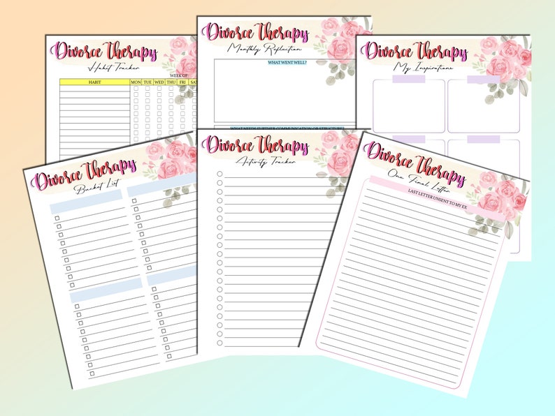 May include: A set of printable worksheets with floral designs and the text "Divorce Therapy" on each page. The worksheets include sections for habit tracking, monthly reflection, bucket list, activity tracker, and a final letter to an ex.