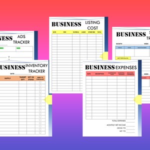 Puede incluir: Cinco hojas de seguimiento de negocios imprimibles con encabezados para "Seguimiento de anuncios", "Seguimiento de inventario", "Costo de listado", "Seguimiento de estad&iacute;sticas" y "Gastos".
