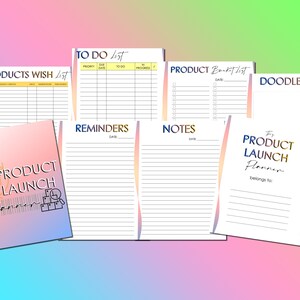 May include: A product launch planner with a colorful gradient cover. The planner includes sections for to-do lists, reminders, notes, a product wish list, a product bucket list, and a doodle board.