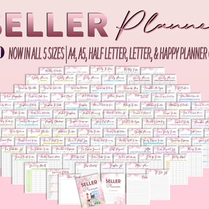 May include: A pink and white printable planner with the text "SELLER Planner" and "100 PAGES" in a pink and white font. The planner is available in five sizes: A4, A5, Half Letter, Letter, and Happy Planner Classic.