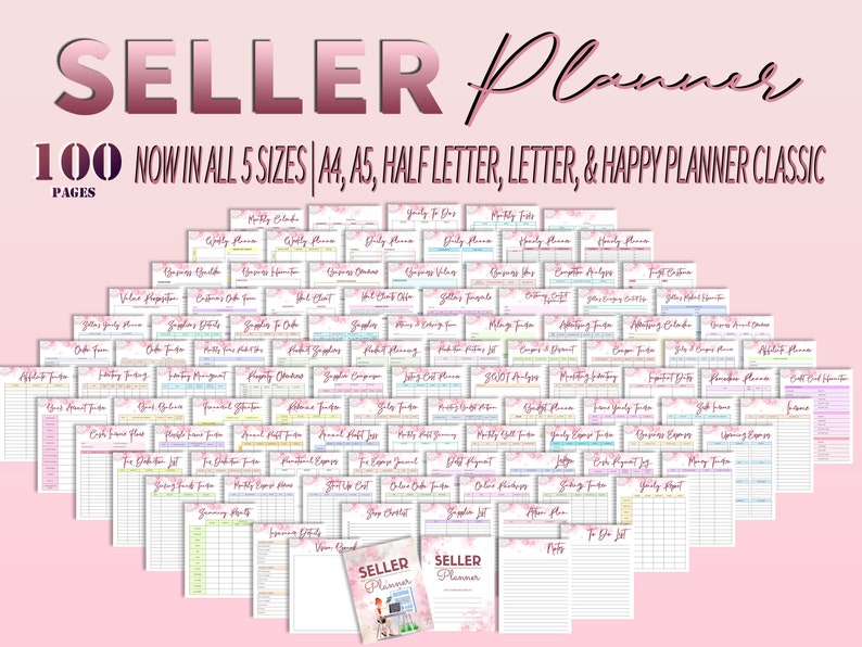 May include: A pink and white printable planner with the text "SELLER Planner" and "100 PAGES" in a pink and white font. The planner is available in five sizes: A4, A5, Half Letter, Letter, and Happy Planner Classic.