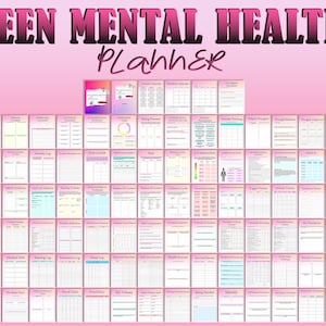 May include: A pink and white printable planner with the title "TEEN MENTAL HEALTH Planner" in black text. The planner includes pages for tracking mood, sleep, goals, and more.