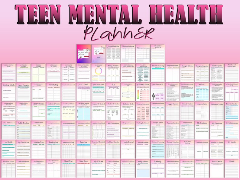 May include: A pink and white printable planner with the title "TEEN MENTAL HEALTH Planner" in black text. The planner includes pages for tracking mood, sleep, goals, and more.