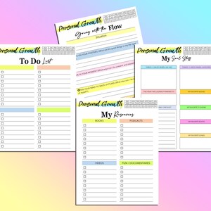May include: Four printable personal growth worksheets with checklists and spaces to write. The worksheets are titled "To Do List", "Going with the Flow", "My Soul Stuff", and "My Resources".