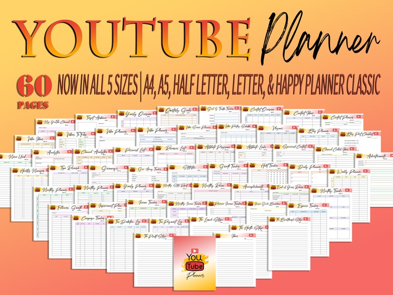 May include: A colorful collage of printable planner pages for YouTube content creators. The pages include sections for video ideas, channel analytics, growth tracking, and more. The text "YouTube Planner" is displayed in large, bold letters at the top of the image.