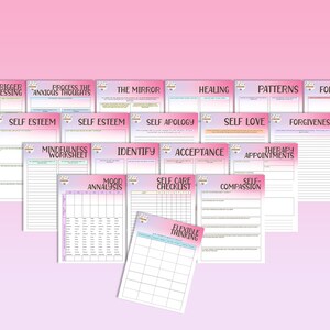 May include: A set of printable worksheets for self-care and mental health. The worksheets are designed to help people process their thoughts, identify patterns, and practice self-compassion. The worksheets are in a pink and purple color scheme with a heart design.