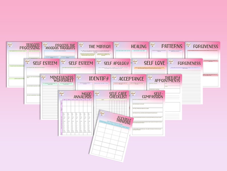 May include: A set of printable worksheets for self-care and mental health. The worksheets are designed to help people process their thoughts, identify patterns, and practice self-compassion. The worksheets are in a pink and purple color scheme with a heart design.