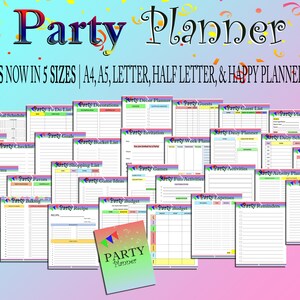 May include: A colorful party planner with 32 pages in five sizes: A4, A5, Letter, Half Letter, and Happy Planner Classic. The planner includes pages for a variety of party planning tasks, such as guest lists, to-do lists, decorations, and budgets.