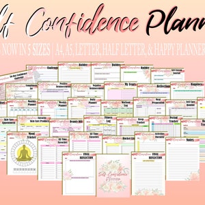 Peut inclure: Plusieurs planificateurs de confiance en soi avec des modèles pour les défis, la planification quotidienne et la réflexion. Le texte indique "Self Confidence Planner" et "36 pages maintenant en 5 tailles". Le design est rose clair et floral.