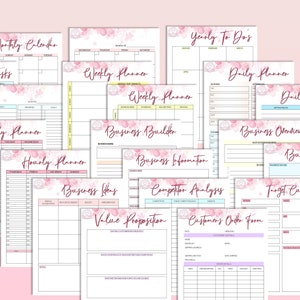 May include: A set of printable business planning worksheets with pink watercolor accents. The worksheets include sections for monthly calendar, weekly planner, daily planner, hourly planner, business builder, business information, business ideas, competitor analysis, target customer, value proposition, and customer order form.